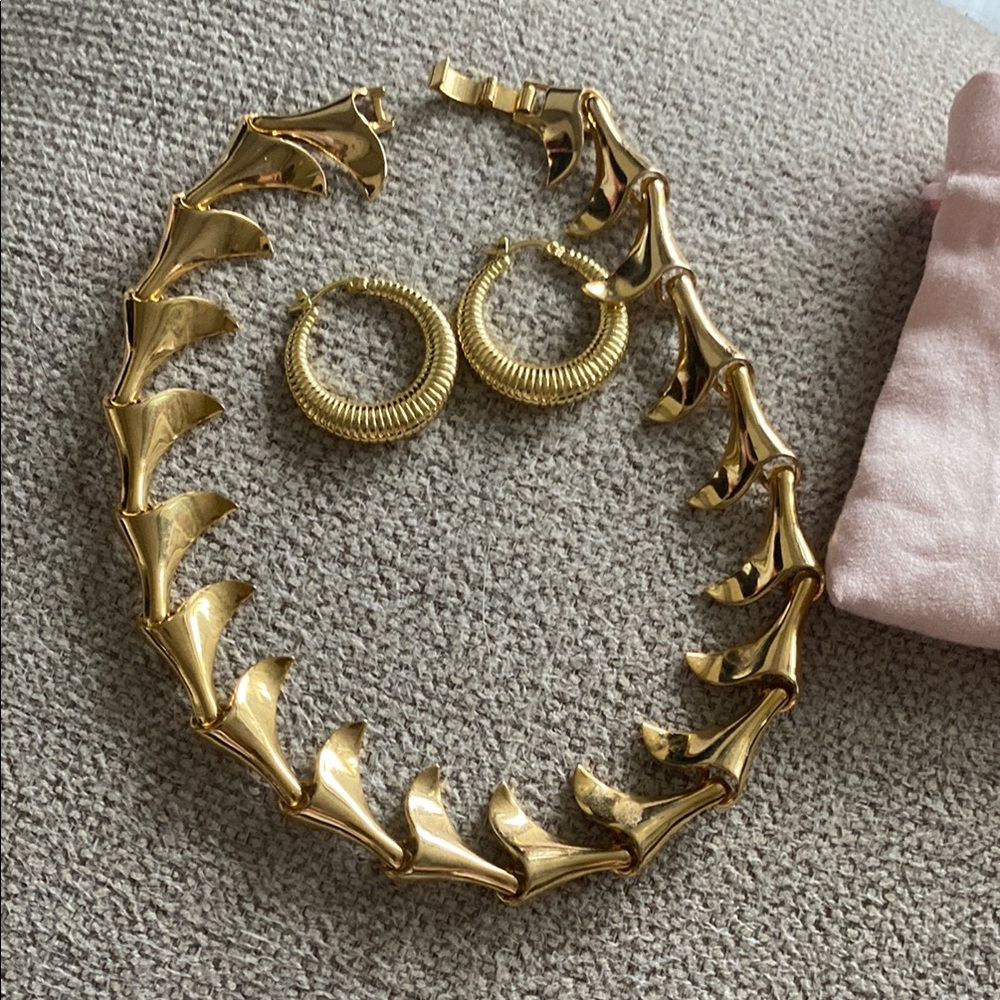 Gold Statement Necklace and Hoop Earrings